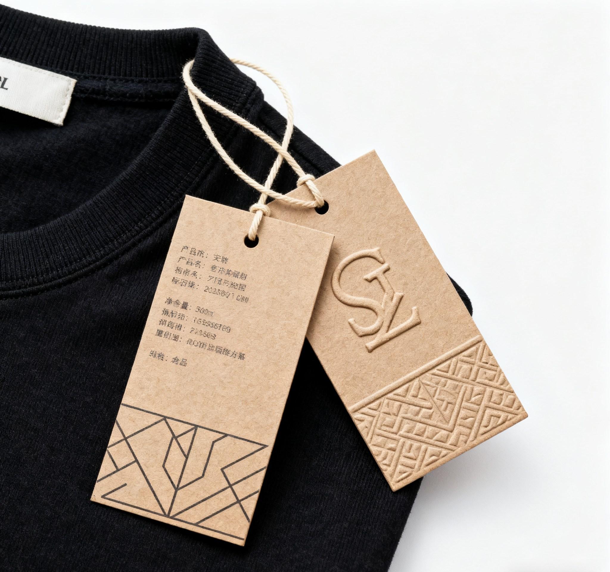 Wood and embossed hang tags for premium garments.